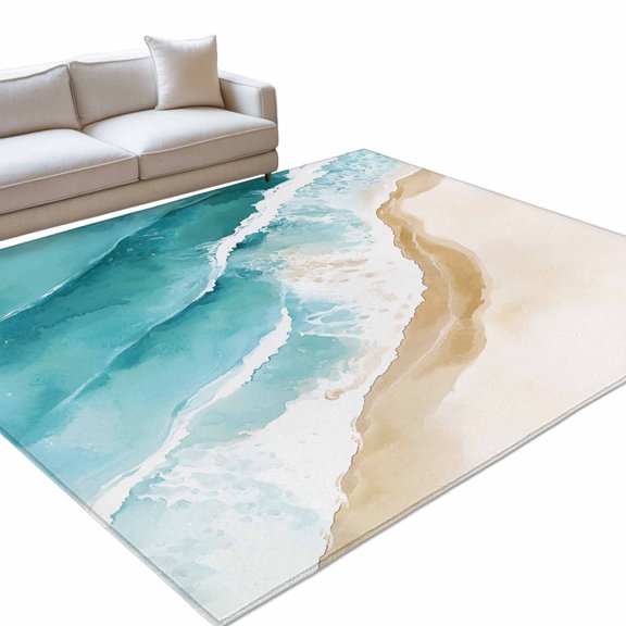 Summer Beach Area Rugs 6x9ft Abstract Teal Beige Gradient Waves Sand Floor Rug&nbsp;Non Slip Low Pile Ultra Soft Throw Carpet for Entryway Indoor Entrance Kitchen Bathroom