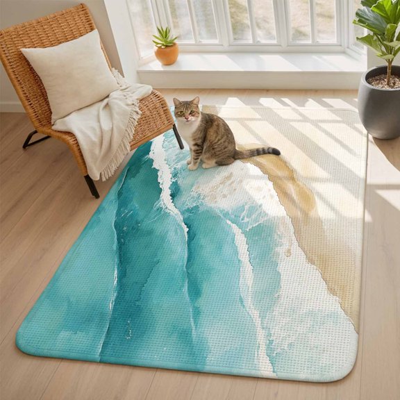 Summer Beach Area Rugs for Living Room 5x6, Abstract Teal Beige Gradient Waves Sand Washable Area Rug with Non Slip Backing, Stain Resist Linen Carpet for Bedroom, Dining Room, Entryway, Entrance