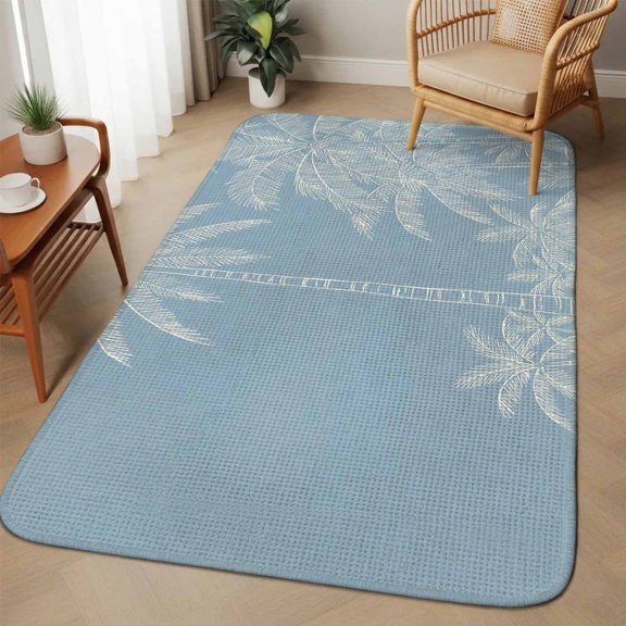 Summer Beach Area Rugs for Living Room 5x6, Graffiti White Palm Trees Abstract Plant Blue Coastal Washable Area Rug with Non Slip Backing, Stain Resist Linen Carpet for Bedroom, Dining Room, Entrance
