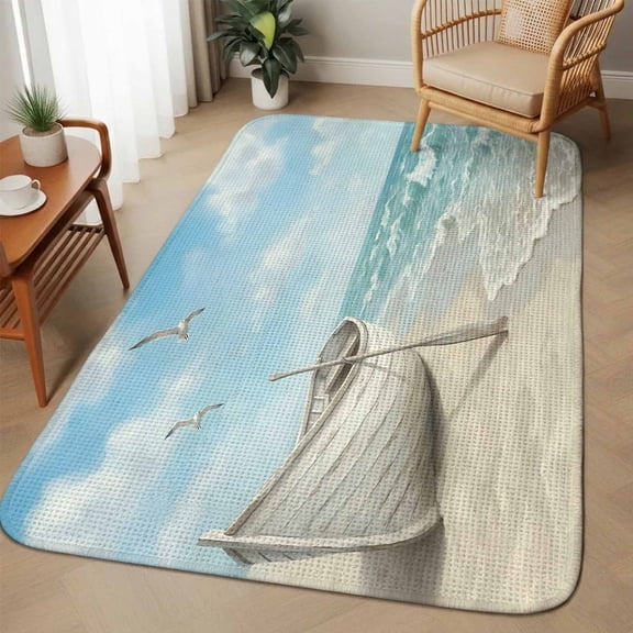 Summer Beach Area Rugs for Living Room 5x6, Nautical Coastal Ocean Boat Seagulls Blue Sky Washable Area Rug with Non Slip Backing, Stain Resist Linen Carpet for Bedroom, Dining Room, Entrance