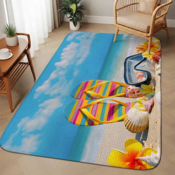 Summer Beach Area Rugs for Living Room 5x6, Seaside Blue Sky Sand Sea Wave Slippers Shell Washable Area Rug with Non Slip Backing, Stain Resist Linen Carpet for Bedroom, Dining Room, Entrance