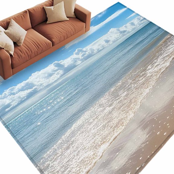 Summer Beach Area Rug 5x8ft Ocean Waves Sky Cloud Non-Slip Washable Square Rugs Soft Felt Indoor Floor Mat for Bedroom Kitchen Living Room Bathroom