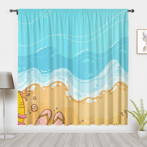 Summer Beach Art Curtains, Minimalist Sand Starfish Waves Window Treatments Panel Pair Blackout Curtains, Home Bedroom Dorm Privacy Decor(Rod Pocket)