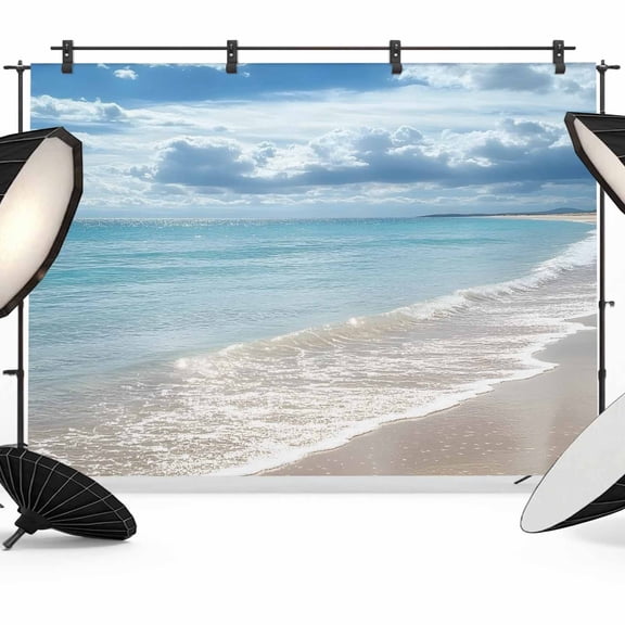 Summer Beach Backdrop for Photography, Ocean Waves Sky Cloud Scenery Shore Photo Backdrop Portrait Background Party Banner Photo Backgrounds for Studio Booth Props, 12x8ft