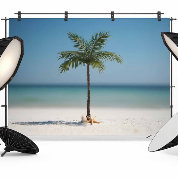 Summer Beach Backdrop for Photography, Seaside Palm Tree Blue Sky Shore Starfish Shell Photo Backdrop Portrait Background Party Banner Photo Backgrounds for Studio Booth Props, 7x5ft
