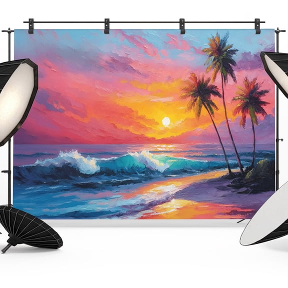 Summer Beach Backdrop for Photography, Tropical Palm Trees Sunset Waves Nature Photo Backdrop Portrait Background Party Banner Photo Backgrounds for Studio Booth Props, 7x5ft