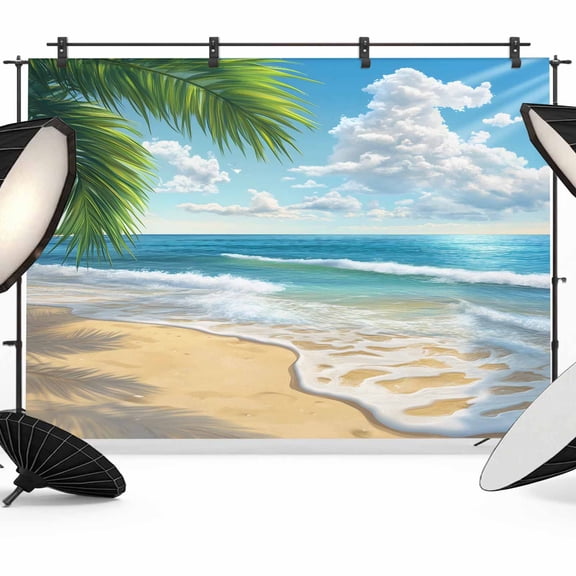 Summer Beach Backdrop for Photoshoot, Photography Photo Studio Background Wall Backdrop, Coastal Ocean Tropical Palm Trees Back Drop Banner Panel for Portraits Wedding Live Streaming Decor 7x5Ft