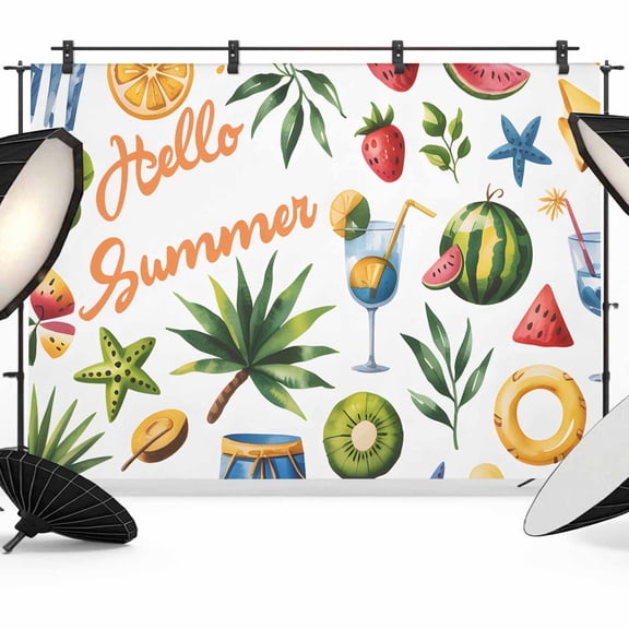 Summer Beach Backdrop for Photoshoot,Photography Photo Studio Background Wall Backdrop,Tropical Coconut Watermelon Lemon Flamingo Back Drop Banner Panel for Portraits Wedding Live Streaming 8x6Ft