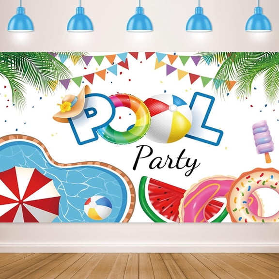 Summer Beach Backdrop Pool Party Palm Leaves Swim Ring Beach Ball Photography Background Boys Girls Holiday Swimming Pool Party Decorations Banner Photo Studio Props