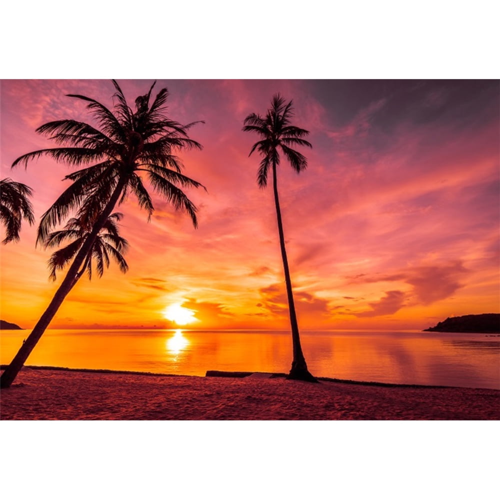 7x5 Ft Sunset Beach Backdrop - Tropical Palm Tree Hawaiian Luau Party Background, Polyester, Wrinkle-Resistant 4 thumbnail image