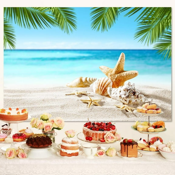Summer Beach Backdrop Tropical Seaside Scene Palm Trees Starfish Seashell Blue Ocean Background For Photography Hawaii Themed Vacation Party Decorations Banner Photographic Booth Props, 5X3