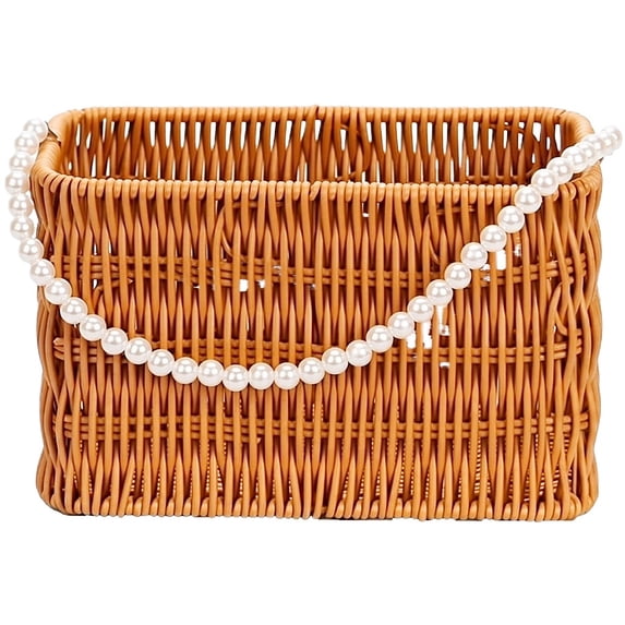 Summer Beach Bag, Women's Straw Tote Bag, PP Plastic Hand-Woven Rattan Style Basket with Faux Pearl Chain Strap Storage Organizer Bin for Outdoor Picnic Patio Party Travel