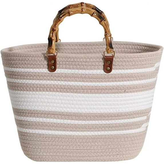 Summer Beach Bag for Women Bamboo Handle Handbag Purse Soft Woven Tote Bag Handmade Beach Purse for Vacation