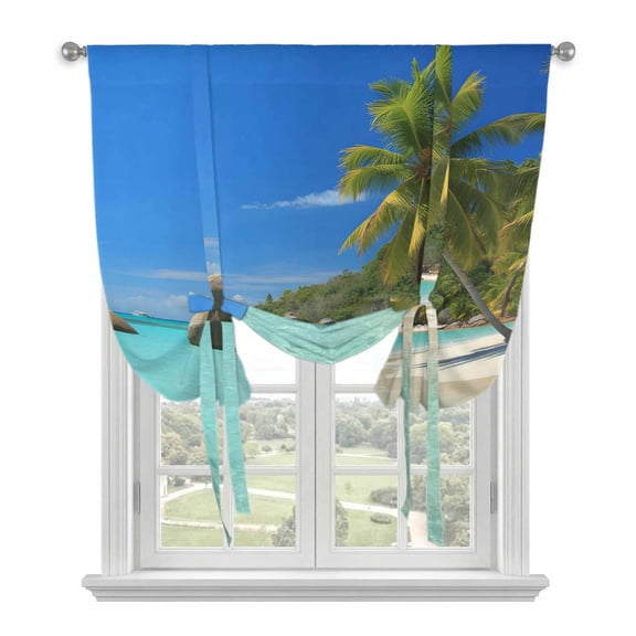 Summer Beach Balloon Curtains 63 Inch Length for Living Room/Bedroom, Palm Tree Tropical Botanical Ocean Blue Sky Rod Pocket Privacy Door Curtains Decorative Tie Up Shade for Window 52"x63"