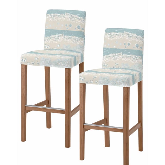 Summer Beach Bar Stool Covers Set of 2, Ocean Coastal Crabs Sea Turtles Corals Starfish Stretch Bar Chair Covers with Backs, Removable Pub Counter Height Chair Cover for Kitchen Dining Room Cafe