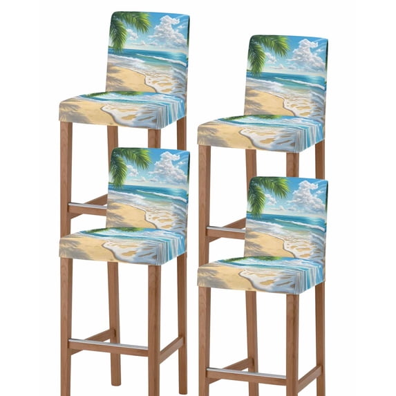 Summer Beach Bar Stool Covers Set of 4, Coastal Ocean Tropical Palm Trees Stretch Washable Bar Chair Covers with Backs, Removable Pub Counter Height Chair Cover for Kitchen Dining Room Cafe