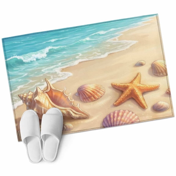 Summer Beach Bathroom Rug Washable 2x3 Entryway Rug Non Slip Coastal Ocean Waves Sandy Conch Starfish Front Door Mat Low Pile Indoor Doormat Throw Floor Carpet for Kitchen Bedroom Entrance