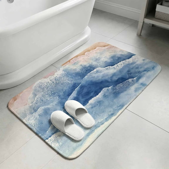 Summer Beach Bathroom Rugs Non Slip Washable Bath Mat Absorbent Low Pile Front Door Mat Blue Coastal Waves Abstract Ocean Sea Indoor Doormat for Kitchen Entryway Shower Decor Accessories 15.7"x23.6"