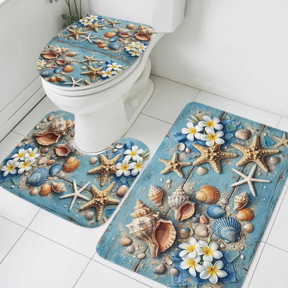 Summer Beach Bathroom Rugs Set Coastal Starfish Conch Shells Flower Blue Wood Non Slip Absorbent Soft Bath Mats 3 Piece Set with Bathroom Rug, U-Shaped Floor Mat, Toilet Seat Cover Large Size