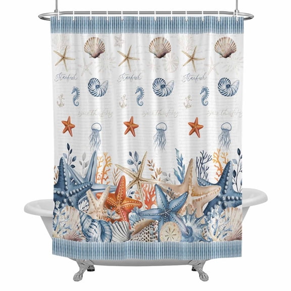 Summer Beach Bathroom Shower Curtain, Nautical Ocean Starfish Seashell Coral Seahorse Blue Stripe Waterproof Washable Soft Bath Curtain for Bathtub Decor with 12 Hooks&Grommet, 36x78 Inch