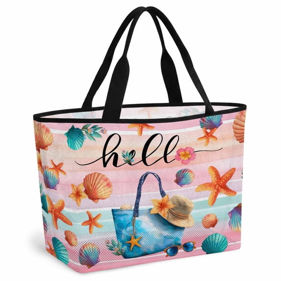 Summer Beach Beach Bag for Women, Large Breathable Mesh Beach Tote Bag, Ocean Shells Starfish Bag Stripe Rainbow Sandproof Lightweight Travel Bags for Vacation Picnic Swimming Pool 15.7"x15.7"x9.1"