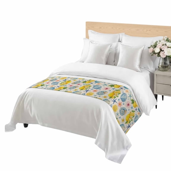 Summer Beach Bed Runner for Queen Size Bed, Ocean Starfish Shell Coastal Conch Lemon Flowers Soft Bedding Scarf Bedding Protector Slipcover Sofa Throw for Bedroom Hotel Guesthouse