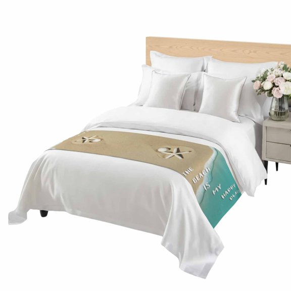 Summer Beach Bed Runner Twin Size The Beach Is My Happy Place Starfish Teal Ocean Soft Bed Scarf for Foot of Bed, Decorative Bedding Scarf Protection for Hotel Home Bedroom 71 x 20 Inch