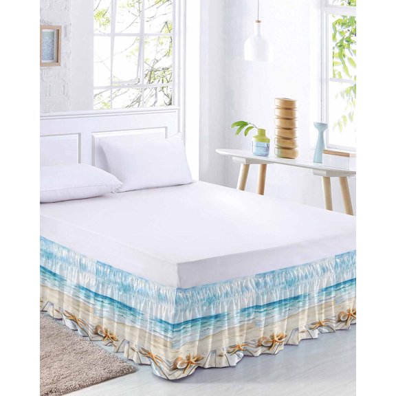 Summer Beach Bed Skirt King Size 16 Inch Drop, Ocean Starfish Shell Plank Nautical Adjustable Elastic Dust Ruffles Bedskirt for King Bed Wrap Around Pleated Mattress Frame Cover