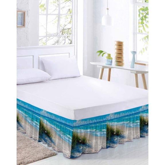 Summer Beach Bed Skirt Queen Size 16 Inch Drop, Realistic Green Weed Coastal Scenery Blue Sky Wave Adjustable Elastic Dust Ruffles Bedskirt for Queen Bed Wrap Around Pleated Mattress Frame Cover