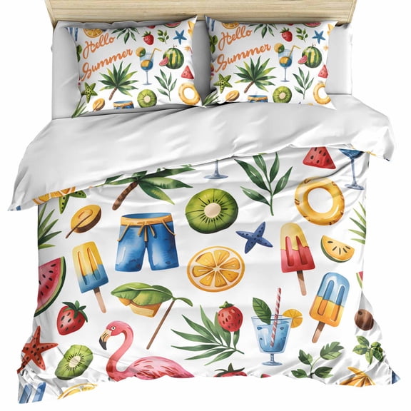 Summer Beach Bedding 3 Piece Duvet Cover Set Queen Size, Tropical Coconut Watermelon Lemon Flamingo Soft Microfiber Comforter Cover with Zipper Closure & Pillowcases, FadeResistant Quilt Cover
