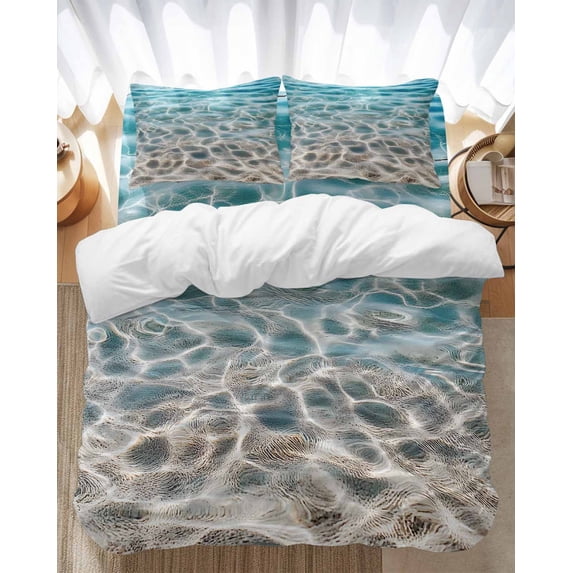 Summer Beach Bedding Duvet Cover Set Queen Size 4 Pieces Water Ripple Ocean Art Realistic Sea Sand Bedding Set with Zipper Closure, 1 Comforter Cover 90x92 Inches 1 Flat Sheet & 2 Pillow Cases