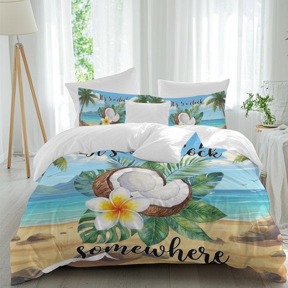 Summer Beach Bedding Duvet Cover Set Twin Size 4 Pieces, It's 5 O'clock Somewhere Tropical Coconut Floral Bedding Set with Zipper Closure, 1 Comforter Cover 68x90 Inches 1 Flat Sheet & 2 Pillow Cases