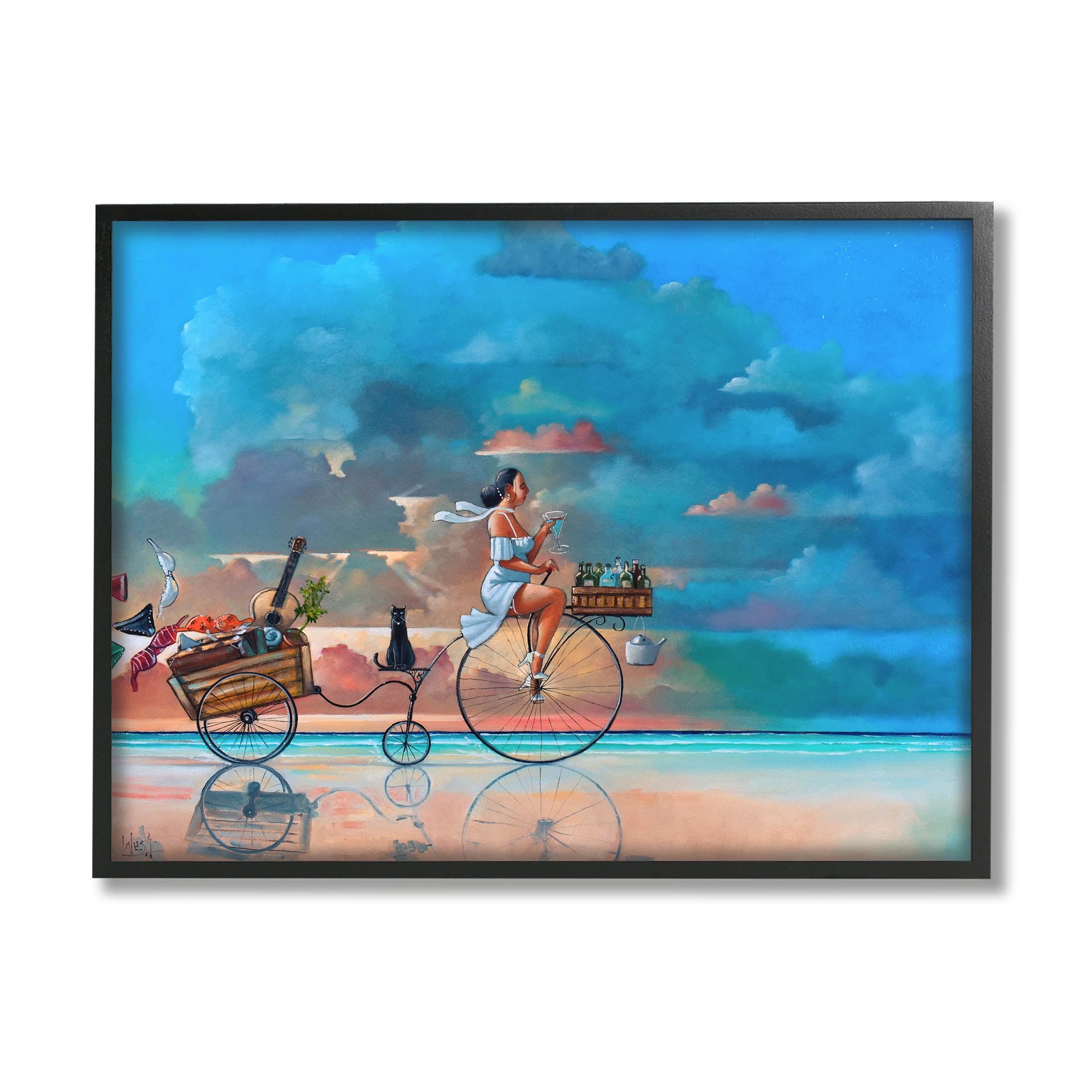 Summer Beach Bike Ride Reflection Coastal Painting Black Framed Art Print Wall Art