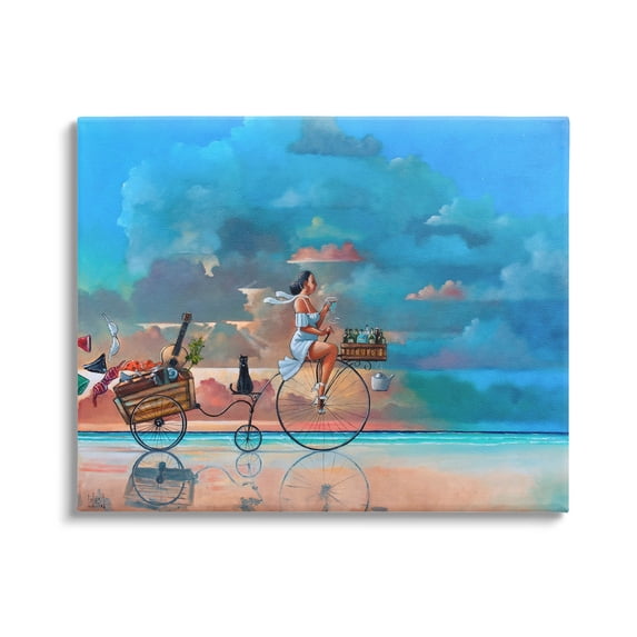 Summer Beach Bike Ride Reflection Coastal Painting Gallery Wrapped Canvas Print Wall Art