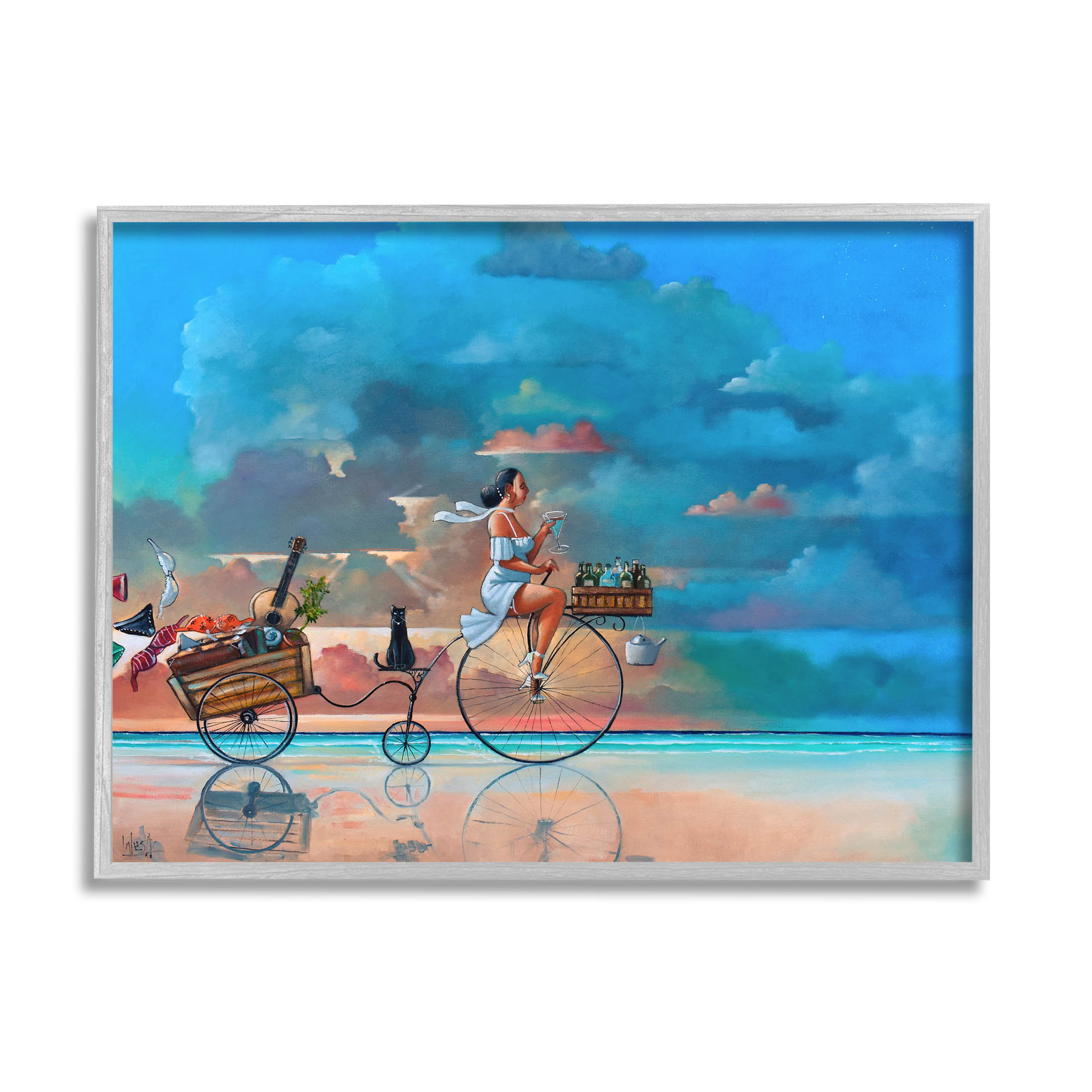 Summer Beach Bike Ride Reflection Coastal Painting Gray Framed Art Print Wall Art