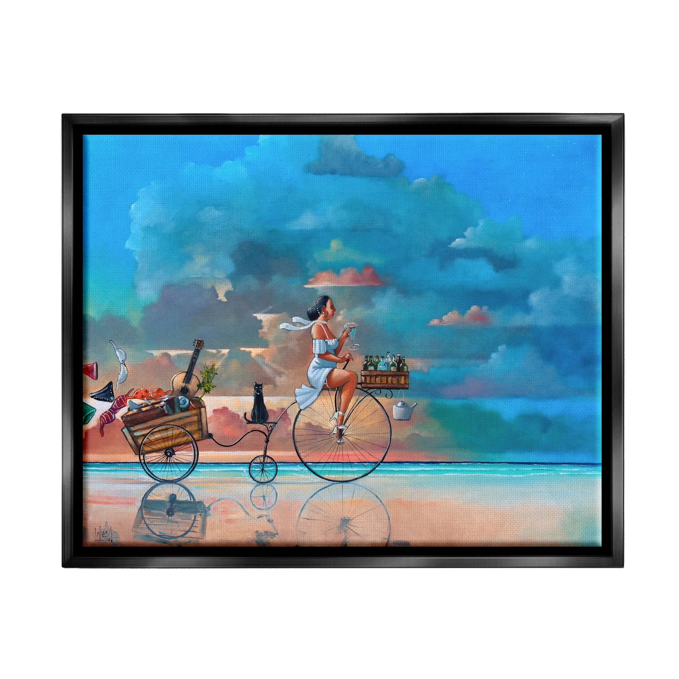 Summer Beach Bike Ride Reflection Coastal Painting Jet Black Framed Art Print Wall Art