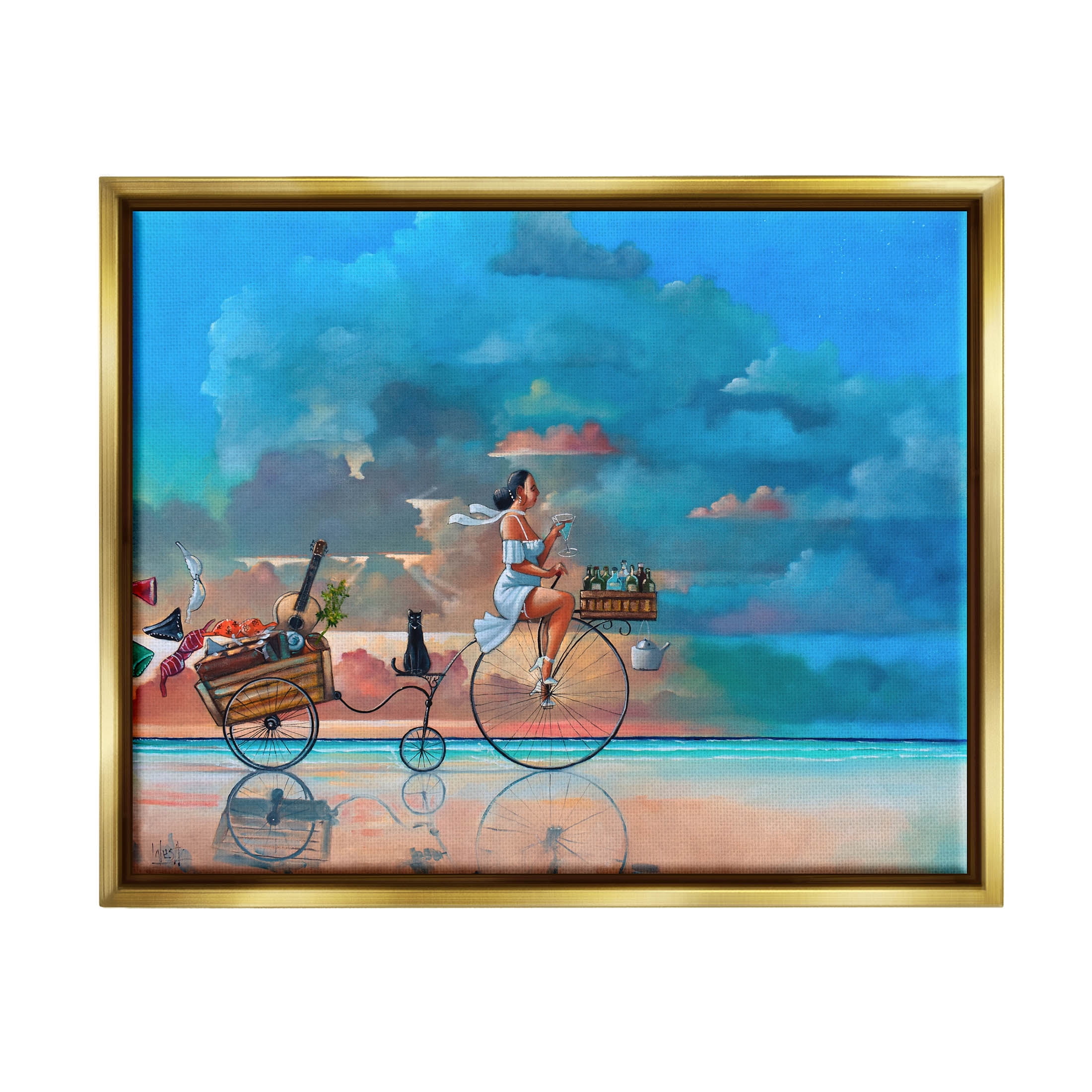 Summer Beach Bike Ride Reflection Coastal Painting Metallic Gold Framed Art Print Wall Art