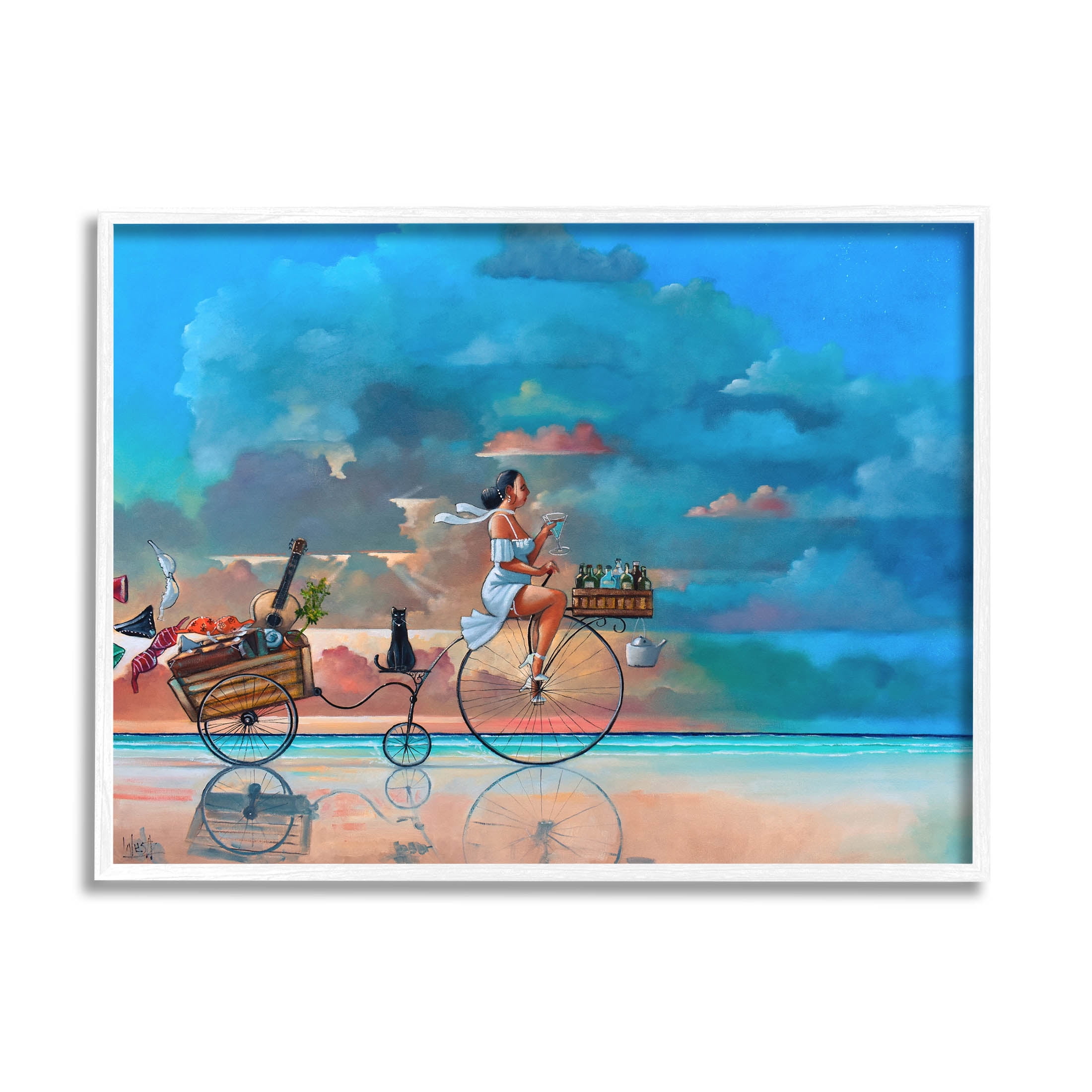 Summer Beach Bike Ride Reflection Coastal Painting White Framed Art Print Wall Art