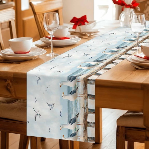Summer Beach Bird Seagull Table Runner 36 Inches Long,Kitchen Dining Tablerunners Ombre Ocean Retro Fence Linen Table Runners Dresser Scarves for Home Dinner Wedding Holiday Party Decor