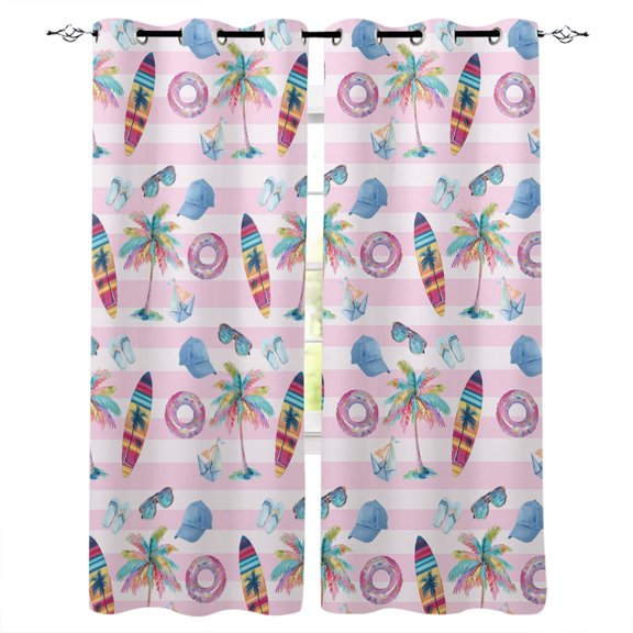 Summer Beach Blackout Curtains for Bedroom Living Room Darkening Curtains 63 Inches Long Surfboard Palm Ship Sunglasses Pink Striped Window Curtain 2 Panels Set Window Treatment Drapes 42"x63"