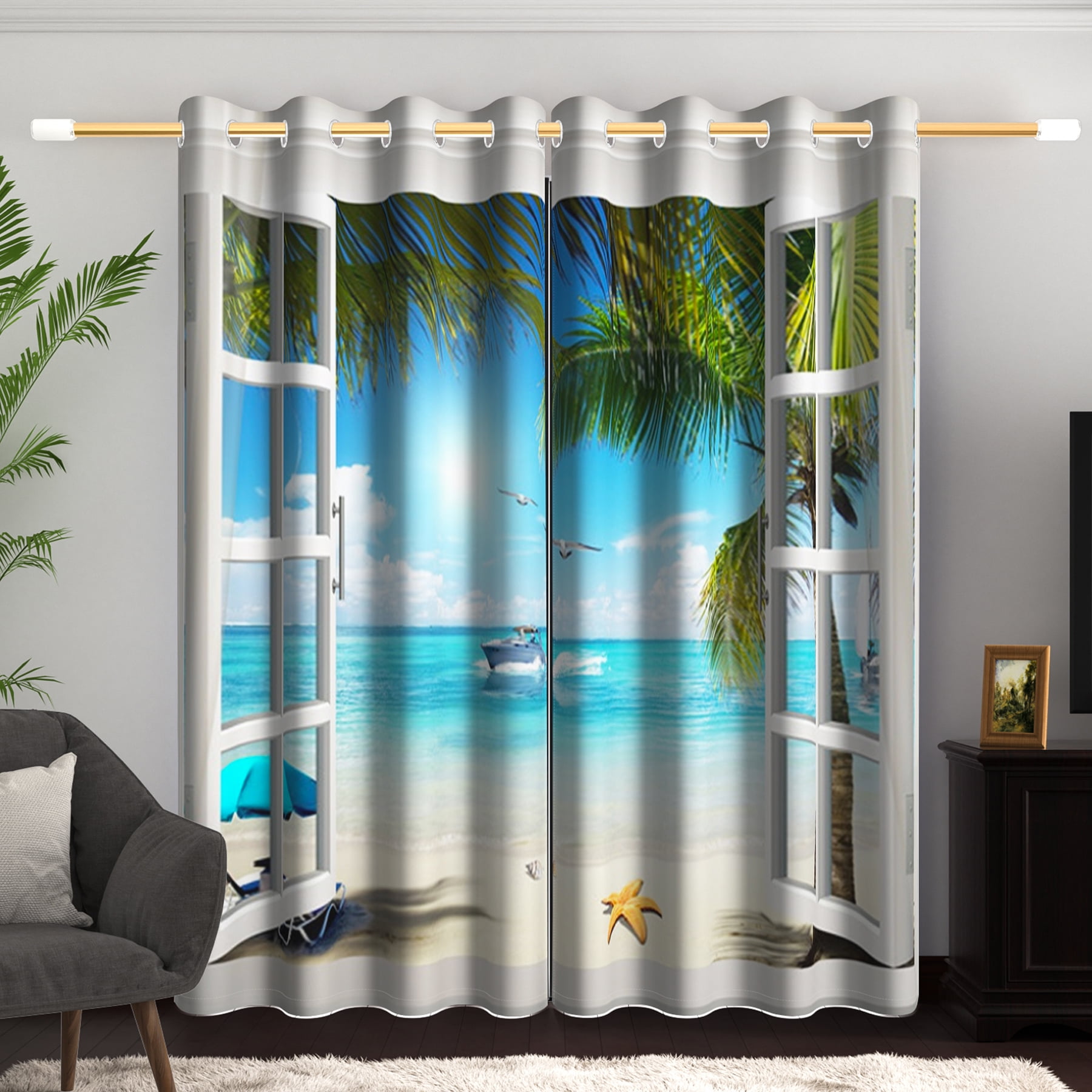 Summer Beach Blackout Curtains, Sea Waves Shell Starfish, Room Darkening Grommet Curtains, White Window View, 52"x96", 2 Panel