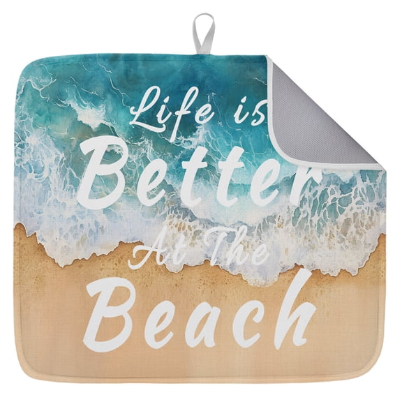 Summer Beach Blue Dish Drying Mat for Kitchen Counter, Life Is Better at The Beach Dish Mat Drying Kitchen Mat for Sink Fridge Drawer Absorbent Dishes Drainer Mats Microfiber Drying Pad 1pcs 16"x18"