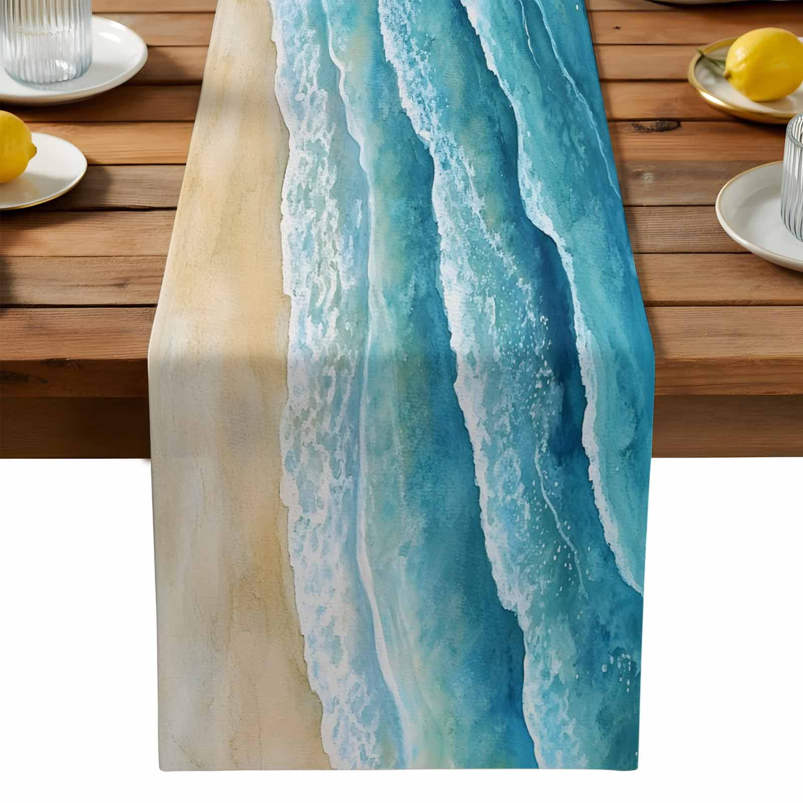 Summer Beach Blue Gradient Wave Table Runners 13x90 Inches Long Linen ...