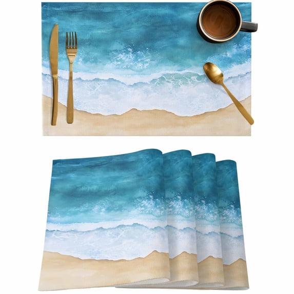 Summer Beach Blue Ocean Placemats Set of 4,Wipeable Washable Table Mats for Dining Tables,Coastal Waves Abstract Art Place Mats for Kitchen Event Party Tabletop Decor