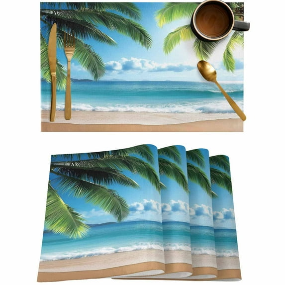Summer Beach Blue Ocean Placemats Set of 4,Wipeable Washable Table Mats for Dining Tables,Coconut Tree Place Mats for Kitchen Event Party Tabletop Decor