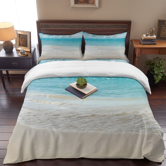 Summer Beach Blue Ocean Queen Size Bed Set,White Clouds Gradient Waves Bedding for All Seasons,4 Pcs Bed Set,1 Quiltcover (90"x90"),1 Sheet (90"x102"),2 Pillowcases (20"x30")