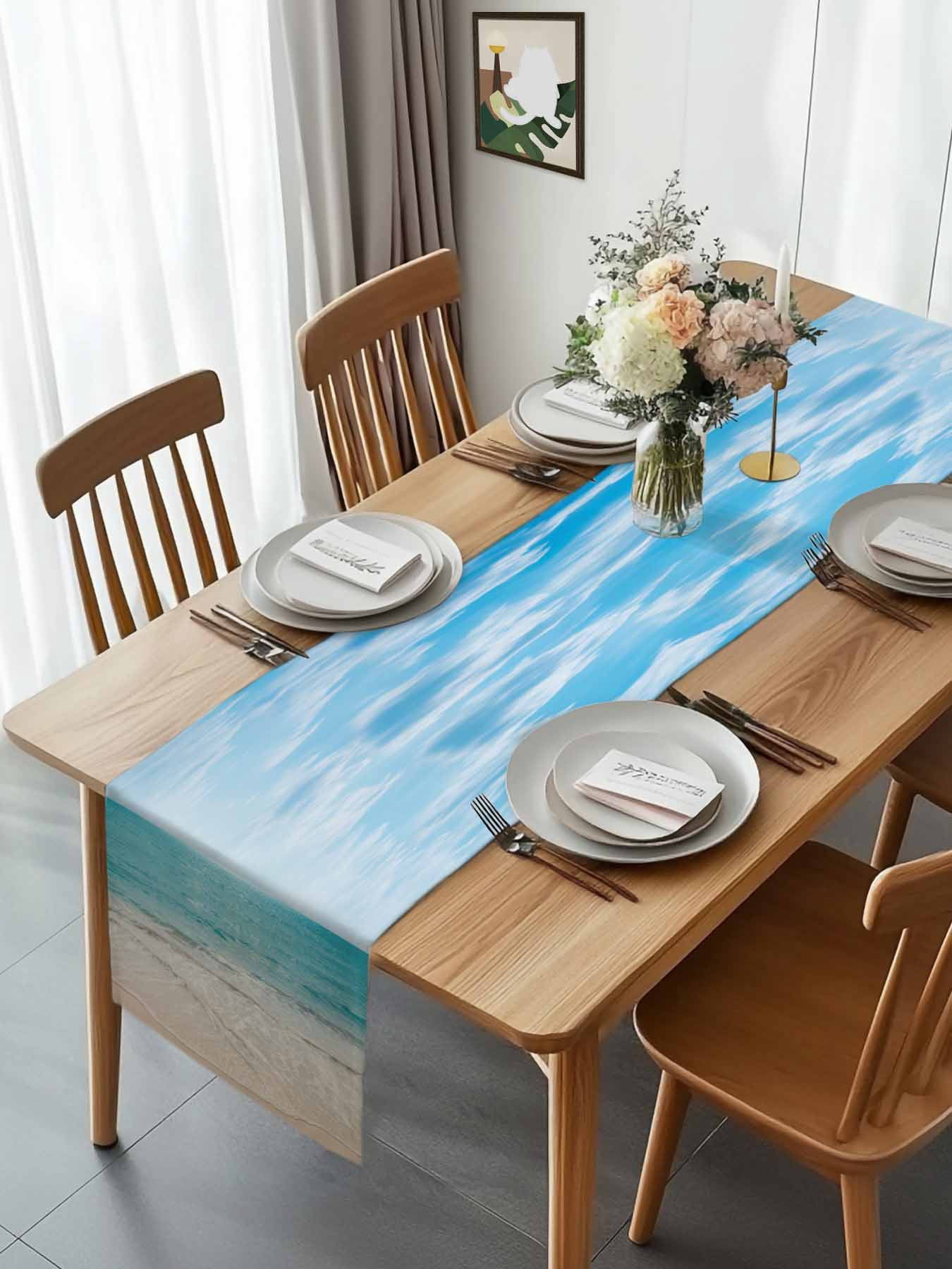 Summer Beach Blue Ocean Waves Table Runner 90 Inches Long, Coastal Nautical Style Table Runners Tabletop Scarf Kitchen Dining Tables Decoration for Home Party Indoor Outdoor