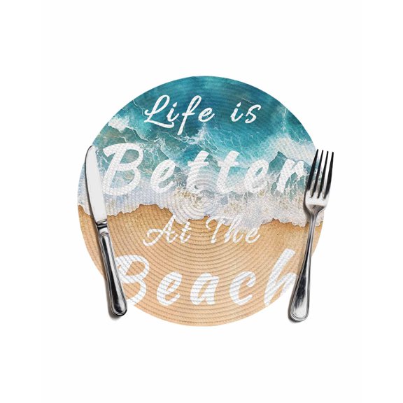 Summer Beach Blue Round Placemats for Dinning Tables, Heat-proof Braided Table Mats 13 Inch, Life Is Better at The Beach Washable Place Mat for Kitchen Restaurant Party Decor Supplies Table Setting