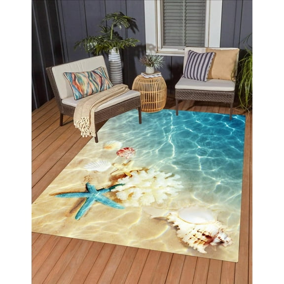 Summer Beach Blue Sea Water Starfish Shells 3D Print Area Rug For Patio Balcony Deck Stain Resistant Outdoor Carpet In Pool Garden Porch Visual Vibrant Funky Outside Floor Mat 1x2ft
