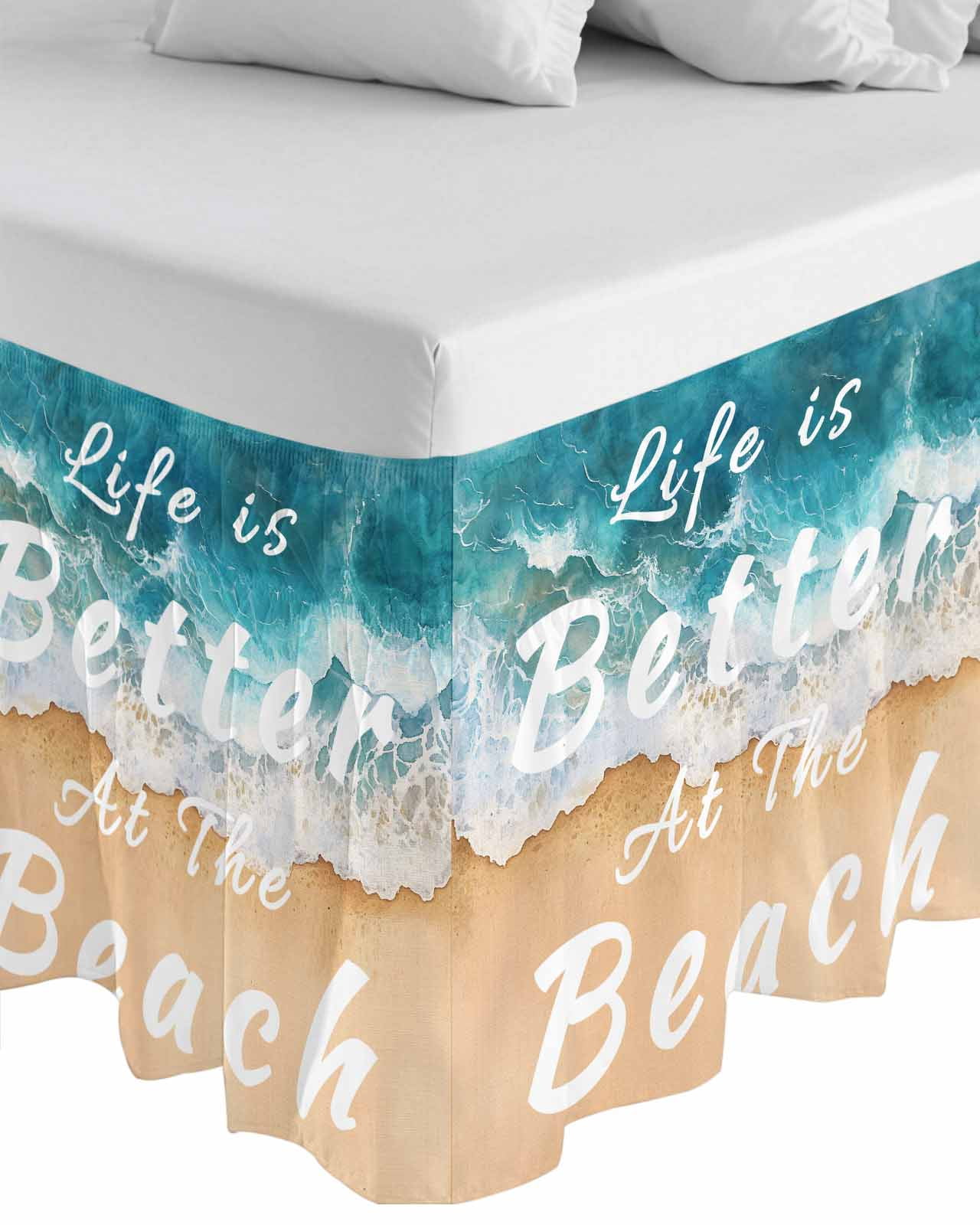 Summer Beach Blue Wrap Around Bed Skirts for Queen Bed 16" Drop, Bed Skirt with Adjustable Elastic Belt Dust Ruffle Bed Valance for Bedroom Hotel Luxury Life Is Better at The Beach Bed Frame Cover